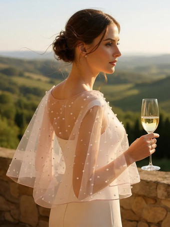 ソフトピンクウェディングラップ ソフトピンク ハーフスリーブ スクープネック キャップスリーブ ショール チュール パール ブライダルカバーアップ