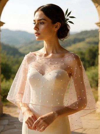 ウェディングラップ ソフトピンク ハーフスリーブ スクープネック キャップスリーブ ショール チュール パール ブライダルカバーアップ