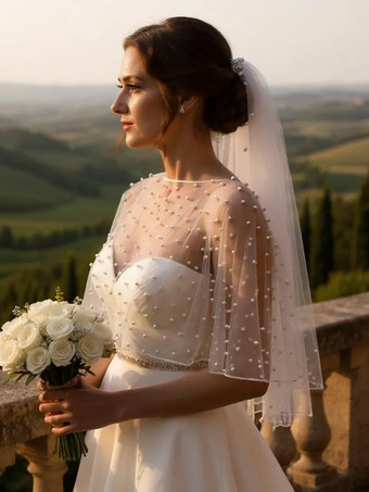 アイボリーウェディングラップ ソフトピンク ハーフスリーブ スクープネック キャップスリーブ ショール チュール パール ブライダルカバーアップ