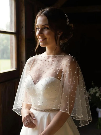 ウェディングラップ ソフトピンク ハーフスリーブ スクープネック キャップスリーブ ショール チュール パール ブライダルカバーアップ