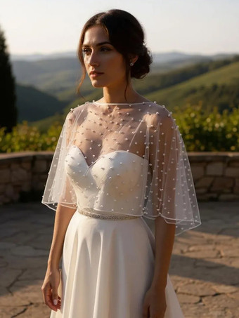 ウェディングラップ ソフトピンク ハーフスリーブ スクープネック キャップスリーブ ショール チュール パール ブライダルカバーアップ