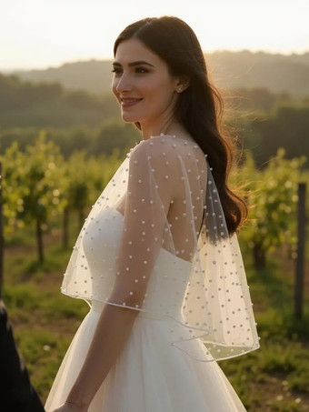 ウェディングラップ ソフトピンク ハーフスリーブ スクープネック キャップスリーブ ショール チュール パール ブライダルカバーアップ