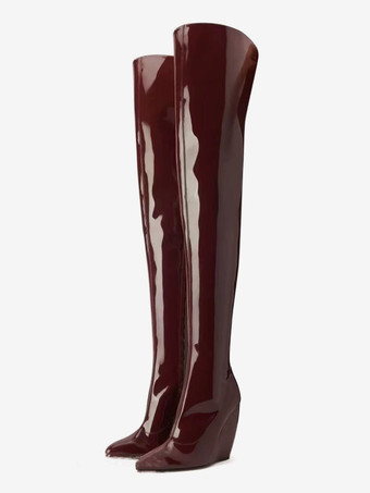 ブラウンブラックのオーバーニーブーツ、ポインテッドトゥ、ウェッジヒール、サイハイブーツ