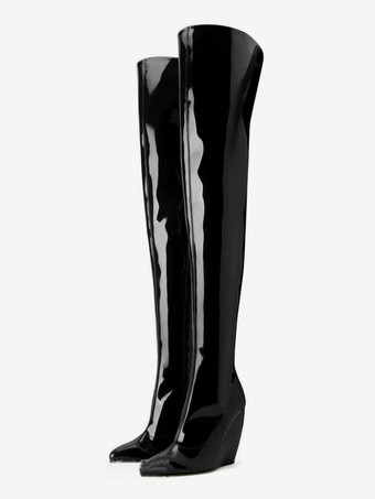 ブラック ブラックのオーバーニーブーツ、ポインテッドトゥ、ウェッジヒール、サイハイブーツ