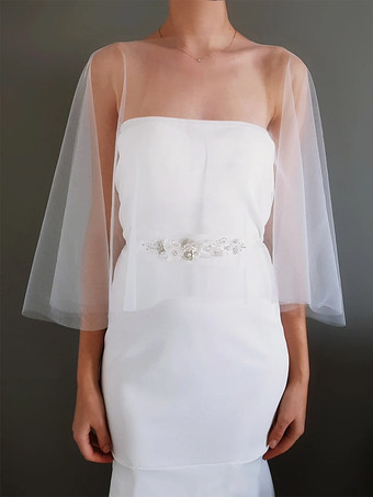 ウェディングラップ ホワイト ハーフスリーブ スクープネック キャップスリーブ ショール チュール ブライダルカバーアップ