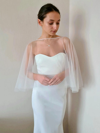 ウェディングラップ ホワイト ハーフスリーブ スクープネック キャップスリーブ ショール チュール ブライダルカバーアップ