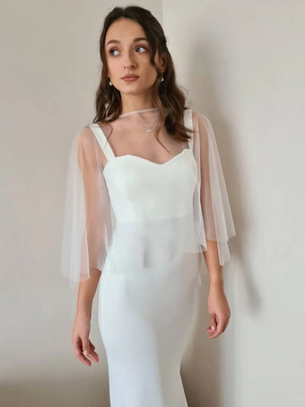 アイボリーウェディングラップ ホワイト ハーフスリーブ スクープネック キャップスリーブ ショール チュール ブライダルカバーアップ