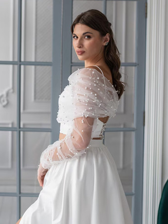 ウェディングラップ ホワイト ロングスリーブ バトーネック イリュージョンスリーブ ショール チュール パール ブライダルカバーアップ