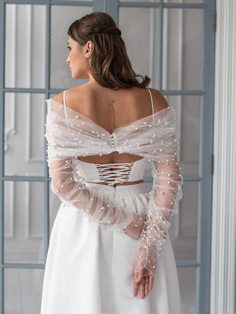 ホワイト ウェディングラップ ホワイト ロングスリーブ バトーネック イリュージョンスリーブ ショール チュール パール ブライダルカバーアップ