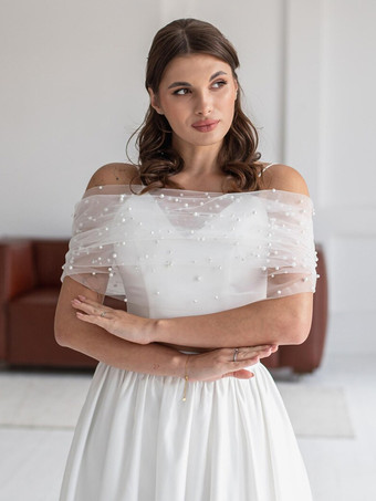 ウェディングラップ ホワイト ロングスリーブ バトーネック イリュージョンスリーブ ショール チュール パール ブライダルカバーアップ