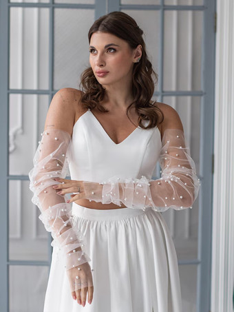 ウェディングラップ ホワイト ロングスリーブ バトーネック イリュージョンスリーブ ショール チュール パール ブライダルカバーアップ