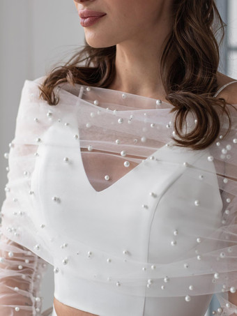 ウェディングラップ ホワイト ロングスリーブ バトーネック イリュージョンスリーブ ショール チュール パール ブライダルカバーアップ