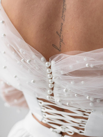 ウェディングラップ ホワイト ロングスリーブ バトーネック イリュージョンスリーブ ショール チュール パール ブライダルカバーアップ