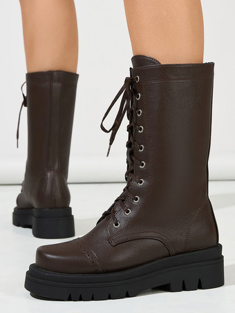 ブラウンフラットブーツ レディース ラウンドトゥ レースアップ アンクルブーツ
