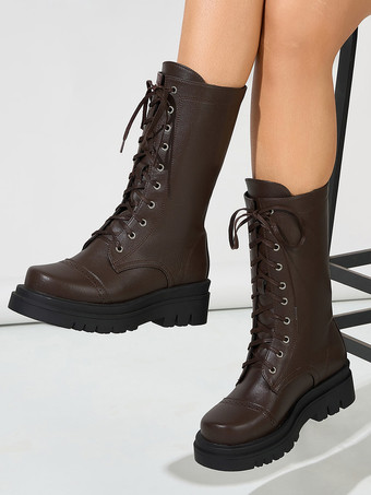 ブラウンフラットブーツ レディース ラウンドトゥ レースアップ アンクルブーツ