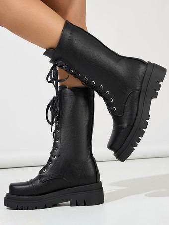 ブラウンフラットブーツ レディース ラウンドトゥ レースアップ アンクルブーツ