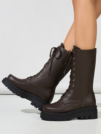 ブラウンブラウンフラットブーツ レディース ラウンドトゥ レースアップ アンクルブーツ
