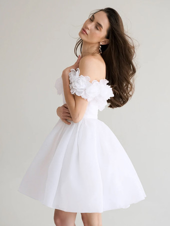 ショートウェディングドレス ショートバトーネック ノースリーブ プリンセスシルエット ナチュラルウエスト オーガンザ ショートブライダルドレス