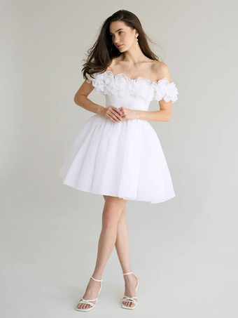 ショートウェディングドレス ショートバトーネック ノースリーブ プリンセスシルエット ナチュラルウエスト オーガンザ ショートブライダルドレス