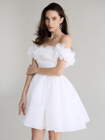 ショートウェディングドレス ショートバトーネック ノースリーブ プリンセスシルエット ナチュラルウエスト オーガンザ ショートブライダルドレス