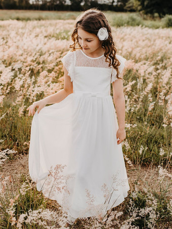 ウェディングフラワーガールドレス 特別な日のドレス ホワイト 半袖 リボン