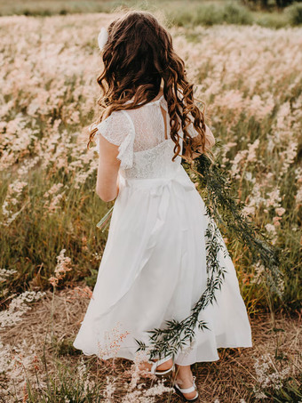 ウェディングフラワーガールドレス 特別な日のドレス ホワイト 半袖 リボン