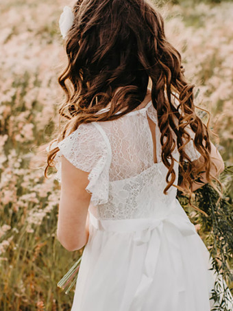 ウェディングフラワーガールドレス 特別な日のドレス ホワイト 半袖 リボン