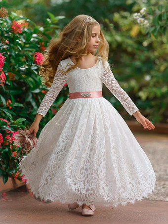 ピンクウェディングフラワーガールドレス 特別な日のドレス ピンク 長袖 リボン