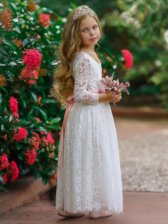 ウェディングフラワーガールドレス 特別な日のドレス ピンク 長袖 リボン