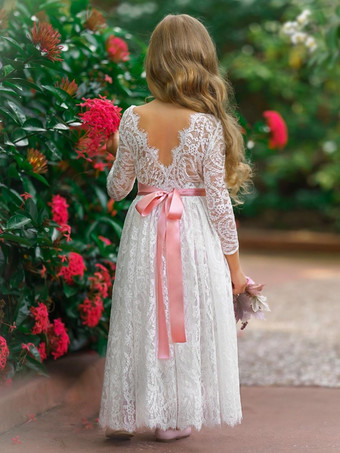 ウェディングフラワーガールドレス 特別な日のドレス ピンク 長袖 リボン