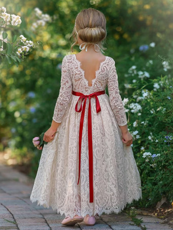 レッド ウェディングフラワーガールドレス 特別な日のドレス ピンク 長袖 リボン