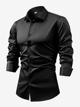 ブラック メンズ 長袖シャツ クリスタルボタン ビジネスカジュアル スリムトップ