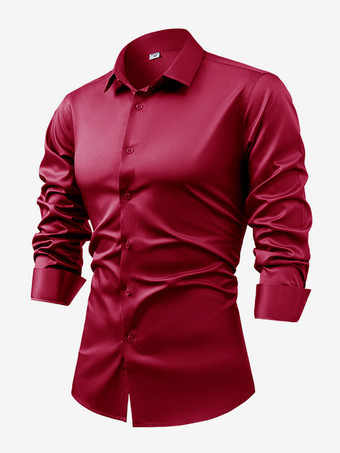 ワインレッド メンズ 長袖シャツ クリスタルボタン ビジネスカジュアル スリムトップ