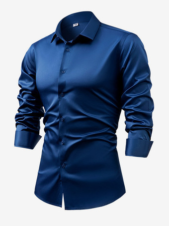 ダークネイビーメンズ 長袖シャツ クリスタルボタン ビジネスカジュアル スリムトップ