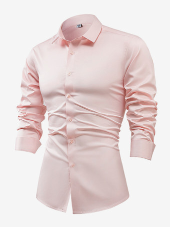 ピンクメンズ 長袖シャツ クリスタルボタン ビジネスカジュアル スリムトップ