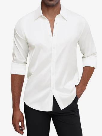 ホワイト メンズ 長袖シャツ クリスタルボタン ビジネスカジュアル スリムトップ