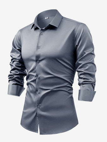 ダークグレー メンズ 長袖シャツ クリスタルボタン ビジネスカジュアル スリムトップ