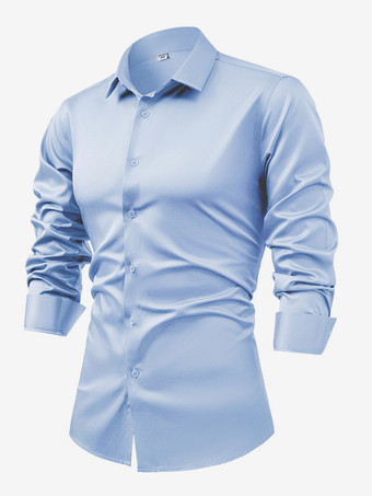 ライトスカイブルーメンズ 長袖シャツ クリスタルボタン ビジネスカジュアル スリムトップ