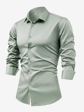 ライトグリーン メンズ 長袖シャツ クリスタルボタン ビジネスカジュアル スリムトップ