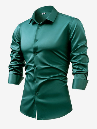 ダークグリーンメンズ 長袖シャツ クリスタルボタン ビジネスカジュアル スリムトップ