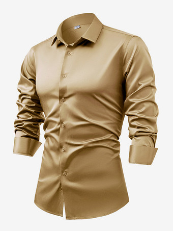 カーキ メンズ 長袖シャツ クリスタルボタン ビジネスカジュアル スリムトップ