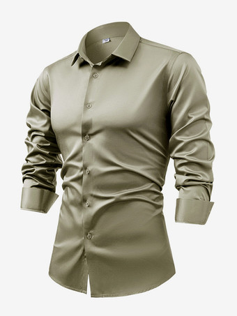 ハンターグリーン メンズ 長袖シャツ クリスタルボタン ビジネスカジュアル スリムトップ