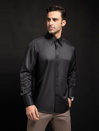 ブラック メンズ 長袖シャツ クリスタルボタン 無地 ハイカラー ビジネスカジュアルシャツ