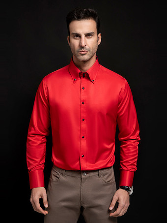 ワインレッド メンズ 長袖シャツ クリスタルボタン 無地 ハイカラー ビジネスカジュアルシャツ