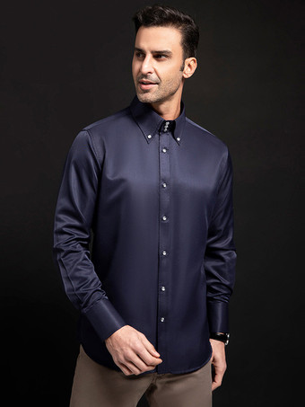 ダークネイビーメンズ 長袖シャツ クリスタルボタン 無地 ハイカラー ビジネスカジュアルシャツ