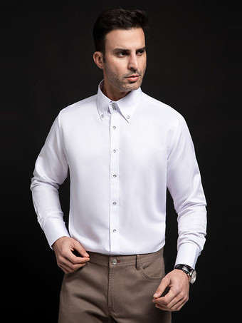 ホワイト メンズ 長袖シャツ クリスタルボタン 無地 ハイカラー ビジネスカジュアルシャツ