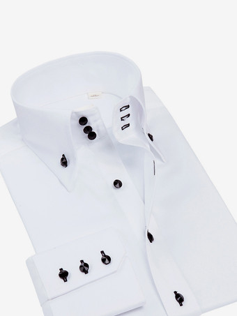 ホワイト＋ブラックメンズ 長袖シャツ 伸縮性 クリスタルボタン ビジネスカジュアル スリムフィットシャツ