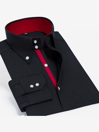 ブラック メンズ 長袖シャツ 伸縮性 クリスタルボタン ビジネスカジュアル スリムフィットシャツ