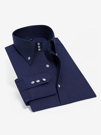 ダークネイビーメンズ 長袖シャツ 伸縮性 クリスタルボタン ビジネスカジュアル スリムフィットシャツ
