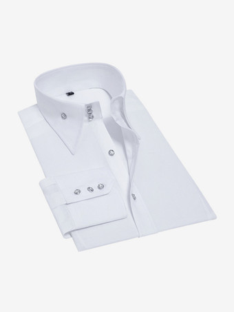 ホワイト メンズ 長袖シャツ 伸縮性 クリスタルボタン ビジネスカジュアル スリムフィットシャツ